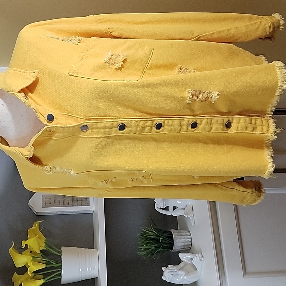 Yellow Shacket Distressed Button Down Long Sleeve… - image 7